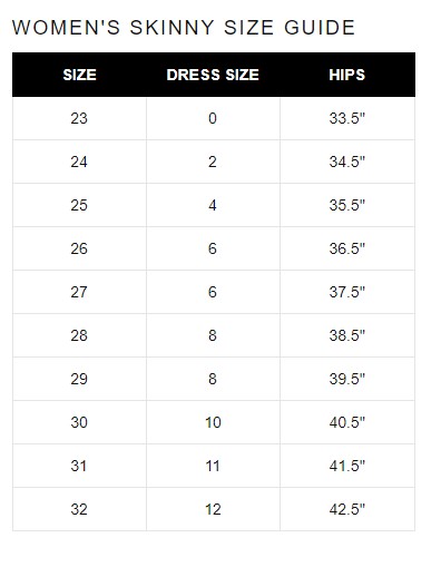 JBrand Skinny størrelsesguide